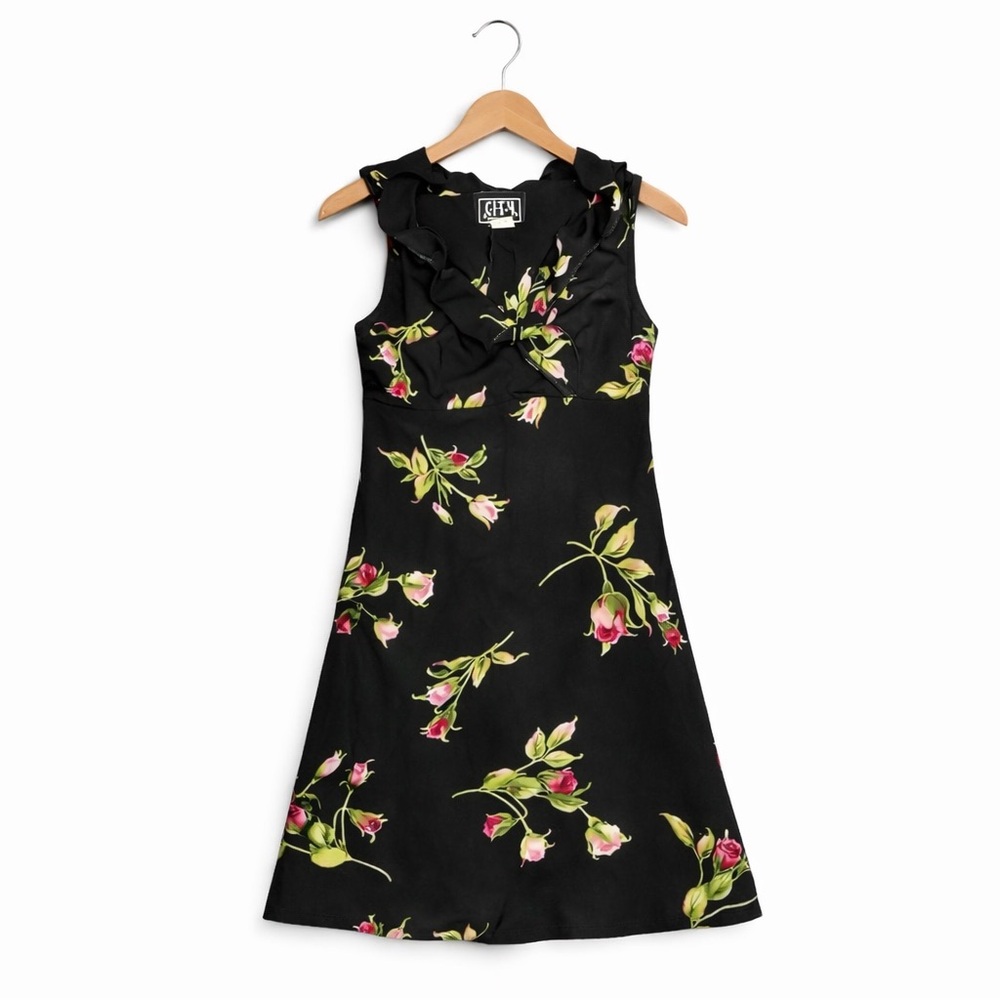 Vintage City Triangles Black Rose Floral Midi Dress XS Small Y2K Romantic